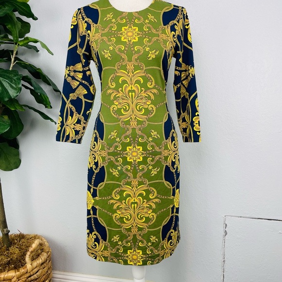 J. McLaughlin Baroque Gold Chain Print 3/4 Sleeve Mini Dress - Picture 2 of 6